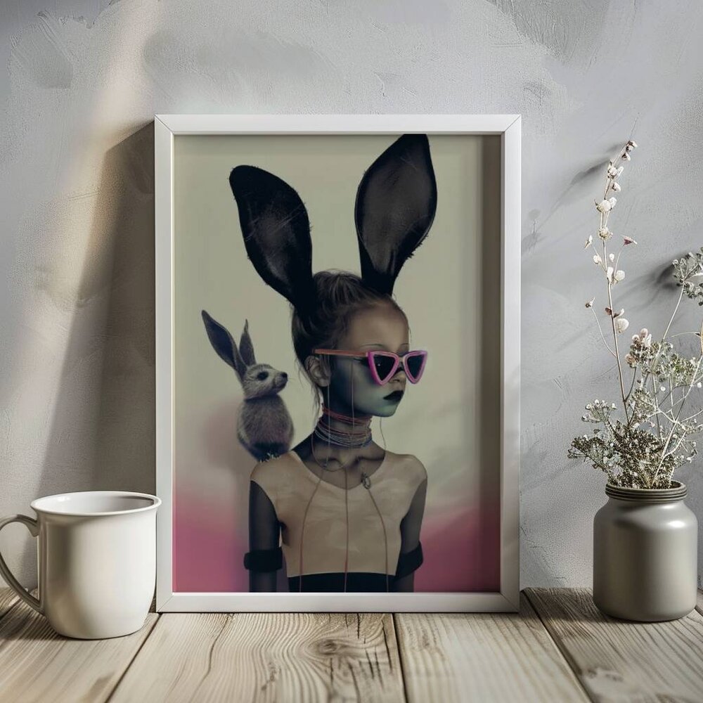 Original Goth Pink Bunny Art Print + Digital Copy, Girl With Bunny Ears